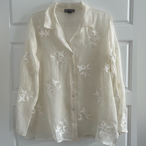 Kate Hill Woman 100% Silk Sheer Floral Romantic Long Sleeve Blouse Size 16W - Picture 1 of 13